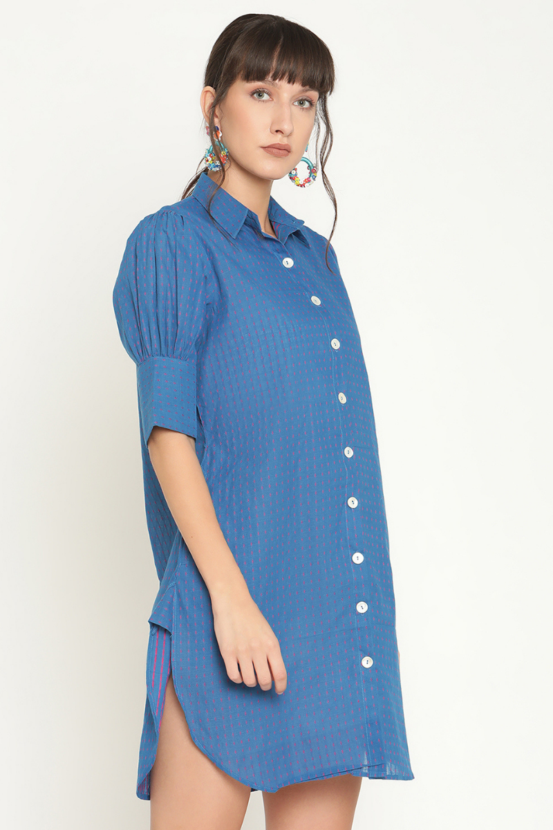 Gathered cuff sleeves mini shirt dress-Cobalt Blue