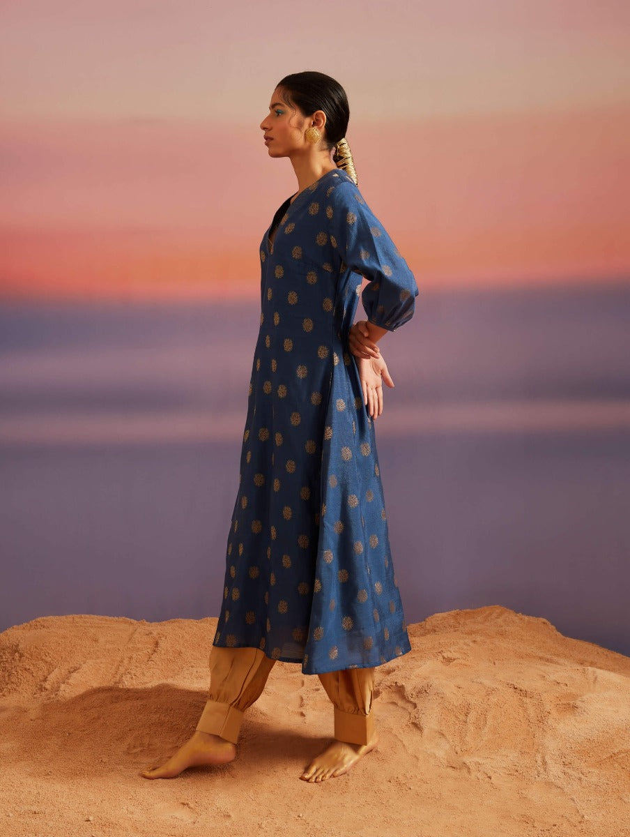 Blue Quartz Banarasi A-Line Kurta With Pathani Pants