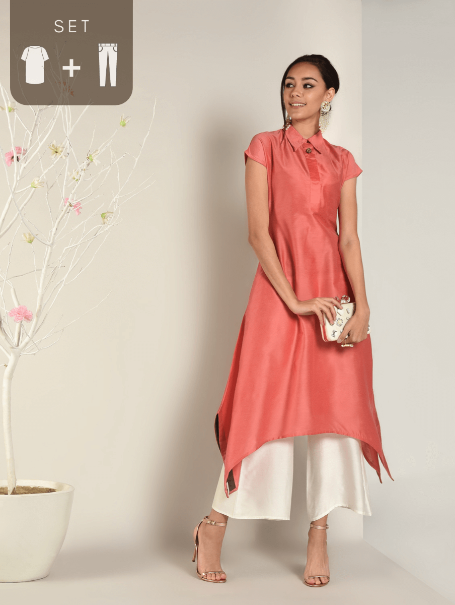 Abhishti Cotton Silk Asymmetric Kurta with Cotrast side details Set