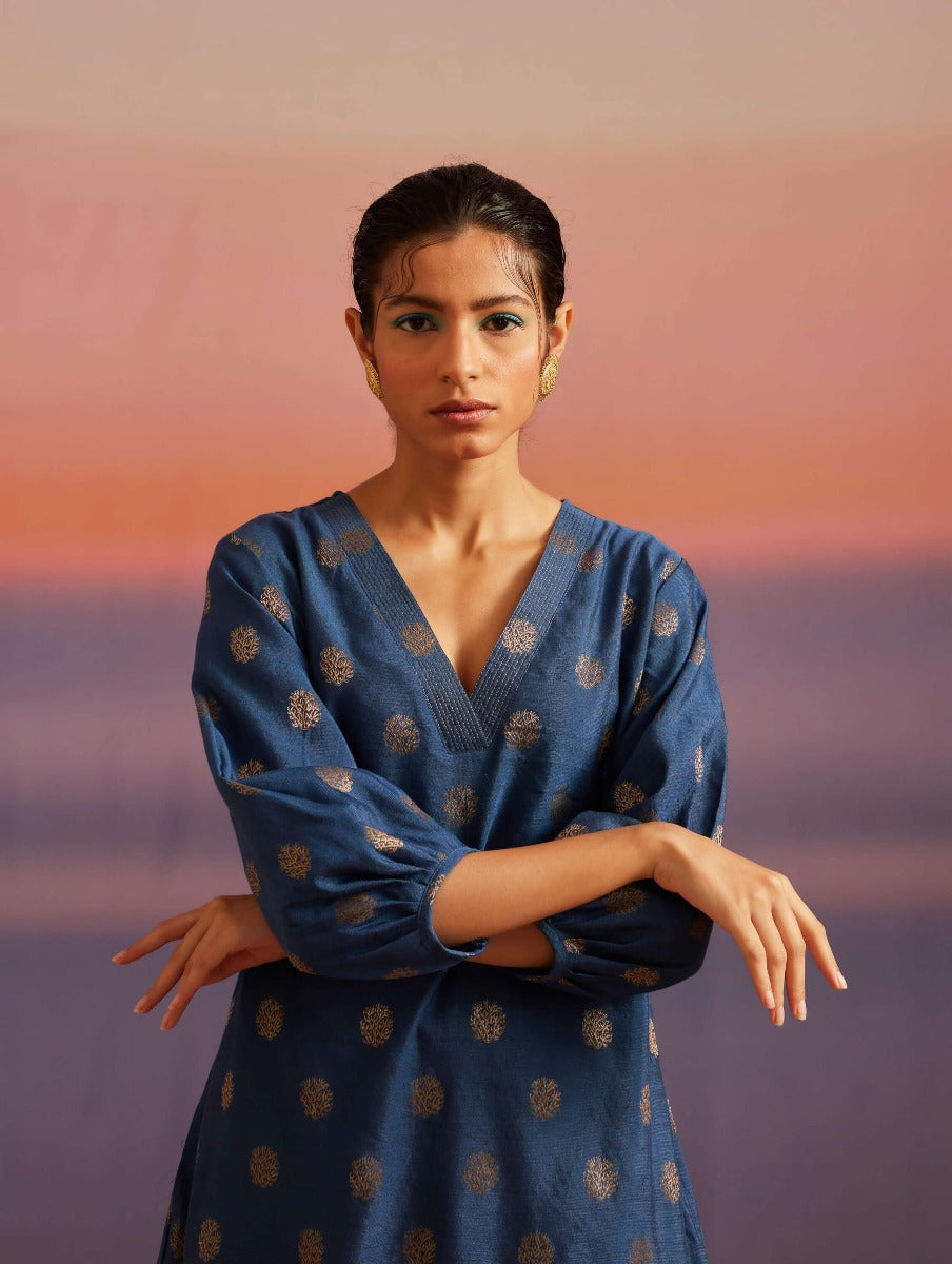 Blue Quartz Banarasi A-Line Kurta With Pathani Pants