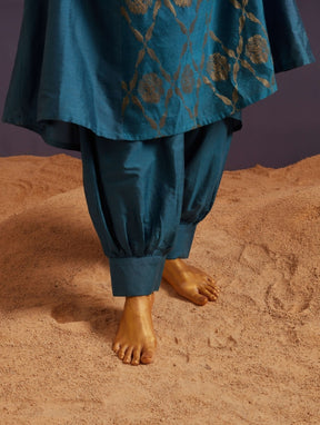 Coral-Blue Boat Neckline Banarasi Kurta