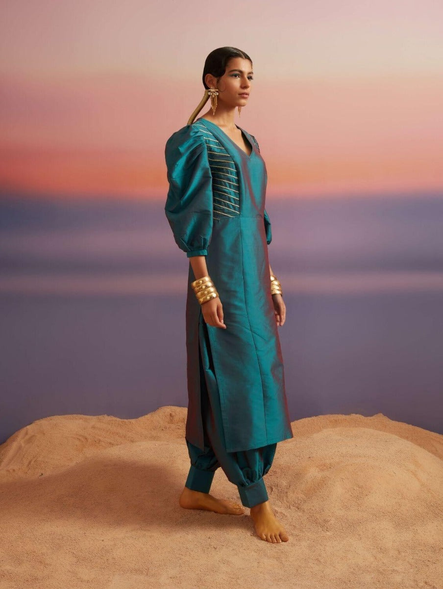Teal Blue Banarasi Kurta With Detailed Side Panels