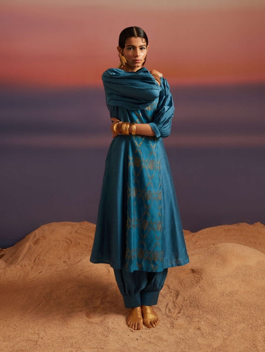 Coral-Blue Boat Neckline Banarasi Kurta