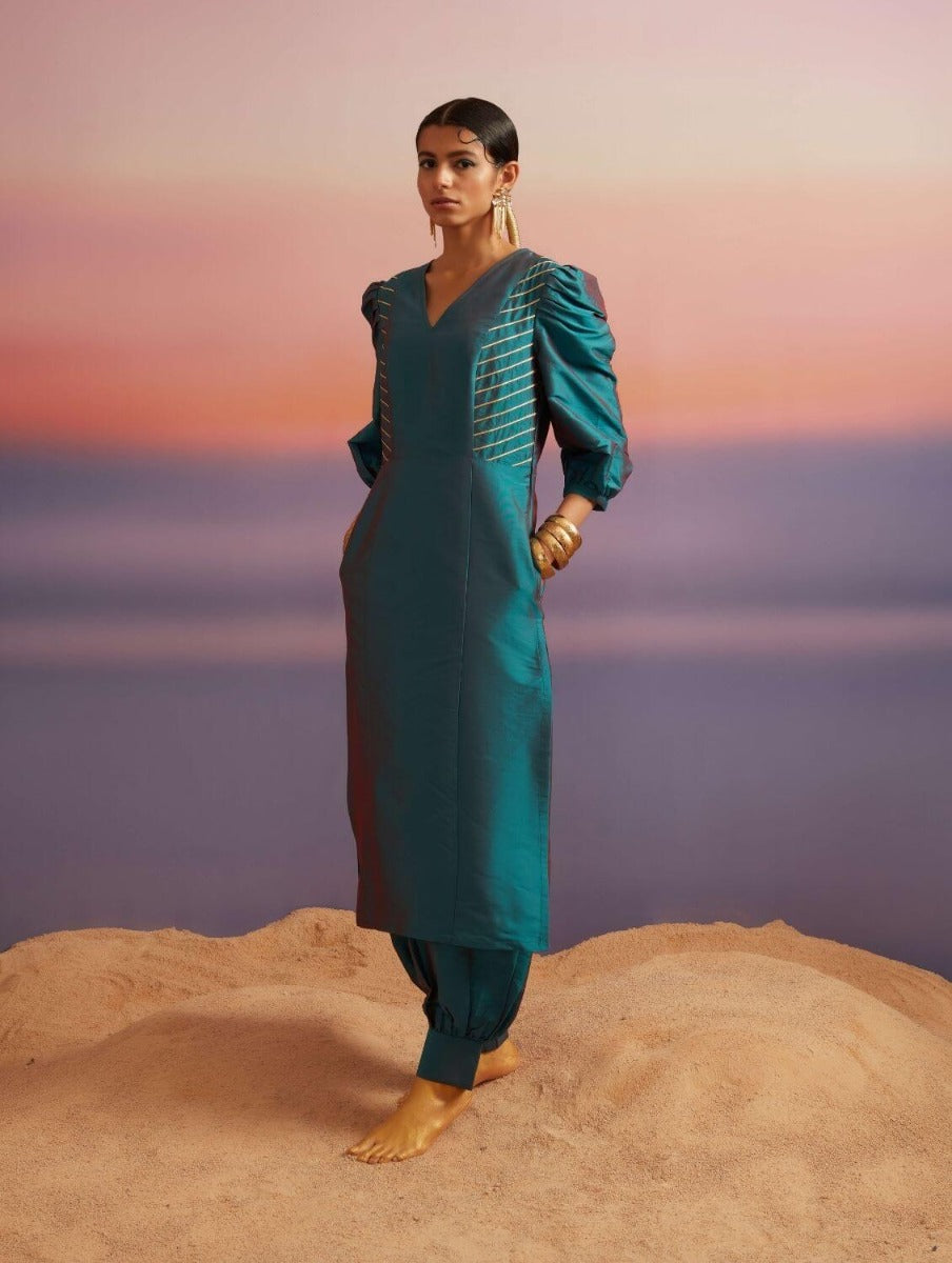 Teal Blue Banarasi Kurta With Detailed Side Panels
