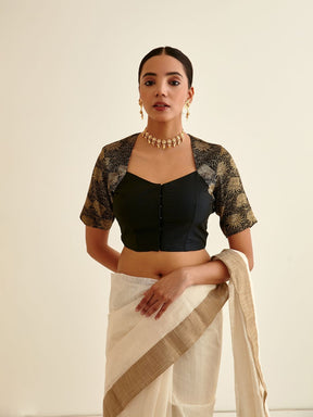 Banarasi zari bouse in Queen Anne neckline-Charcoal black