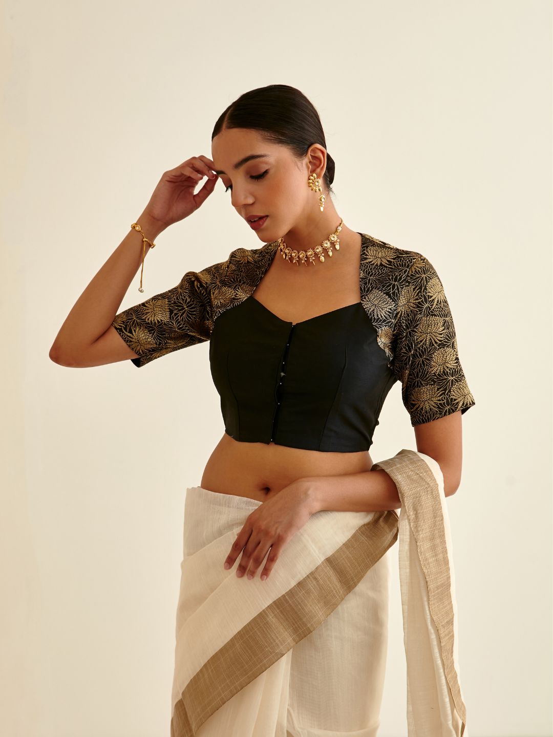 Banarasi zari bouse in Queen Anne neckline-Charcoal black