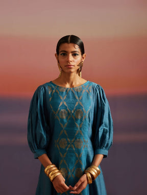 Coral-Blue Boat Neckline Banarasi Kurta
