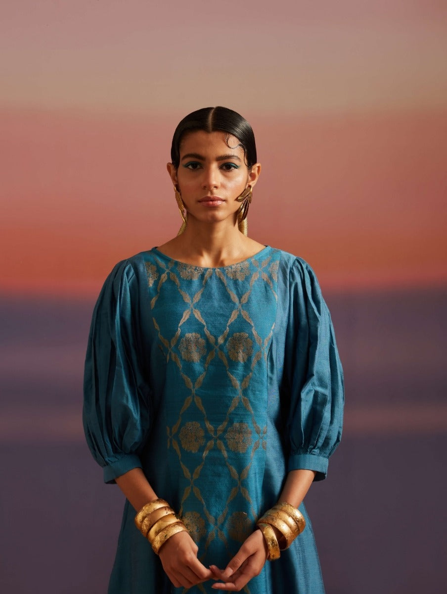 Coral-Blue Boat Neckline Banarasi Kurta