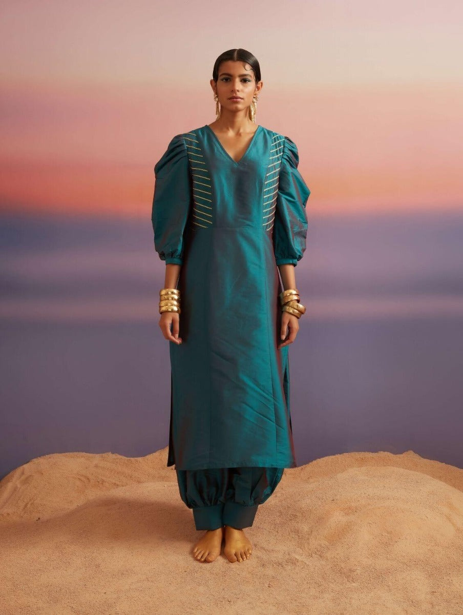 Teal Blue Banarasi Kurta With Detailed Side Panels