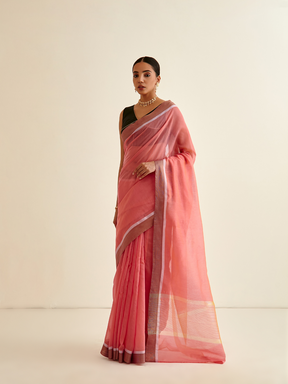 Banarasi Woven sari with contrasting border- Coral Pink