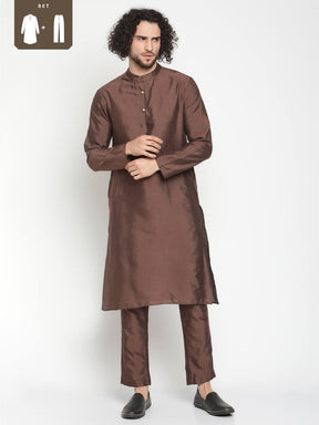 Men Brown Banarasi Extended Collar Kurta With Straight Pant