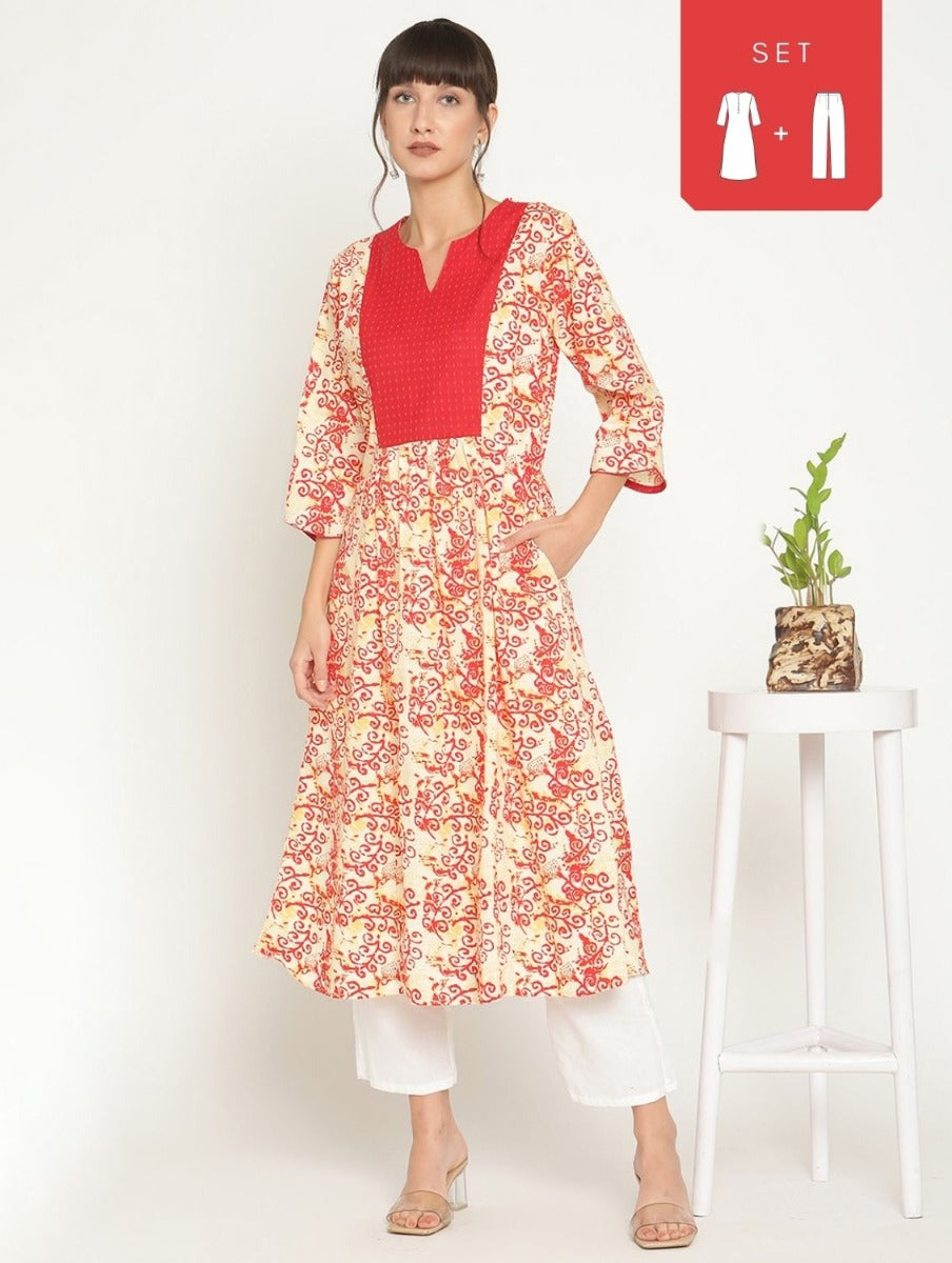 Abhishti contrast yoke printed kurta with straight pants-Red