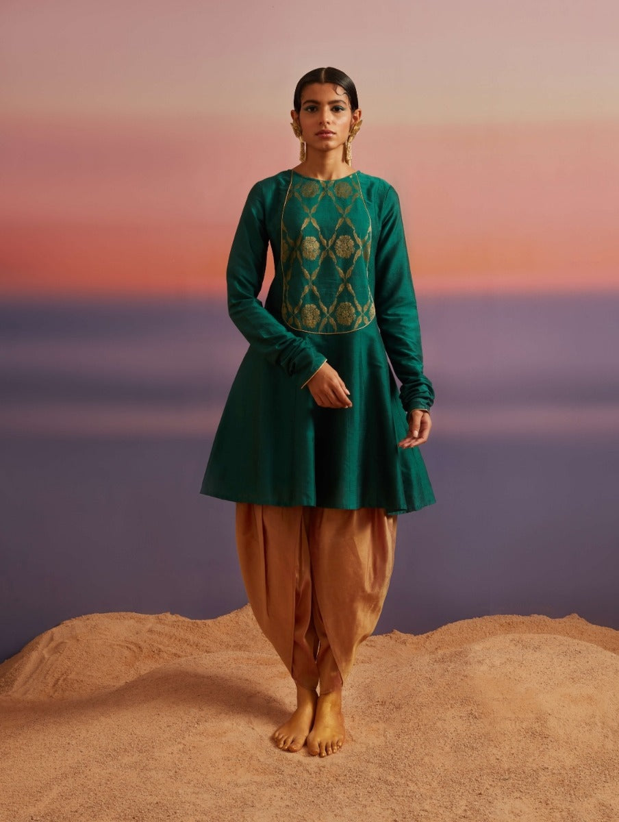 Coral-Green Banarasi Kurti with Churidar Sleeves