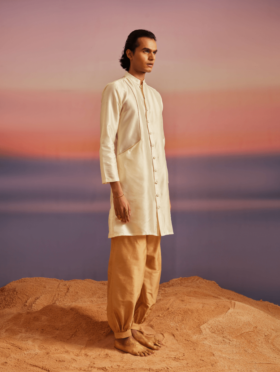 Men Ivory Button Down Banarasi Kurta With Pathani Pants