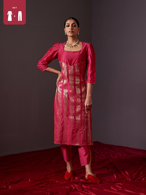 Scoop neck banarasi zari straight kurta with Curved U-hem pants