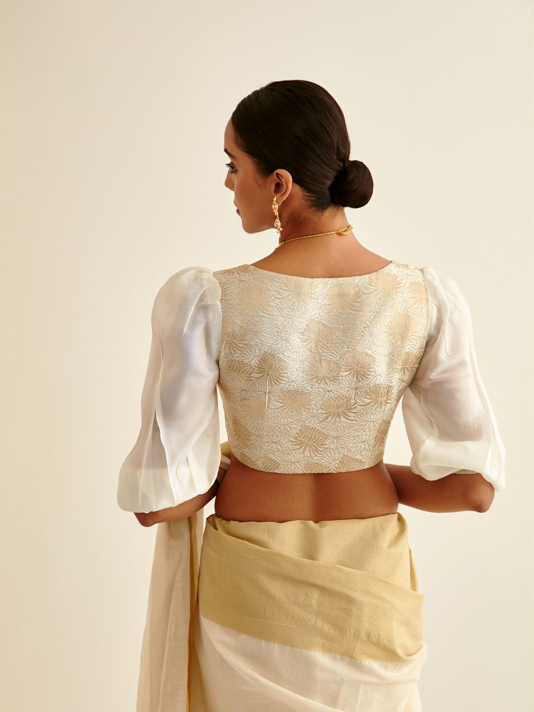 Upatta silk blouse with puff sleeves-soft white