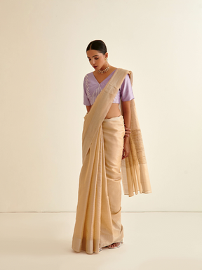 Banarasi Woven sari with silver zari border - Buttermilk