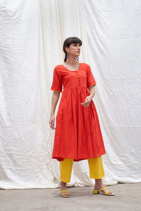 Orange Rust Mangalgiri Button Down Kurta With Pants