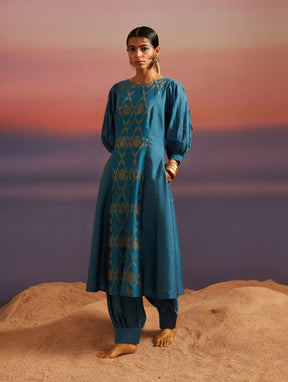 Coral-Blue Boat Neckline Banarasi Kurta