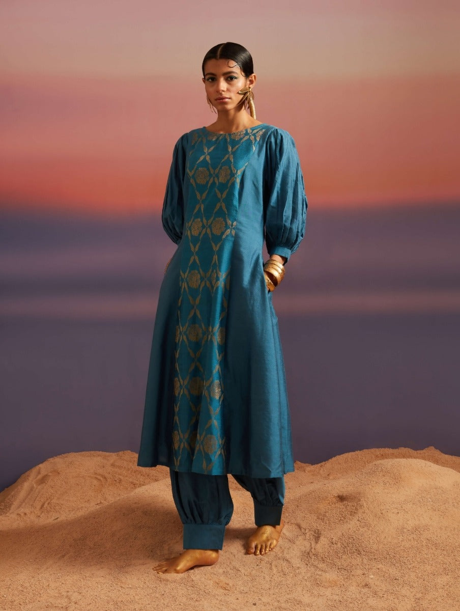 Coral-Blue Boat Neckline Banarasi Kurta