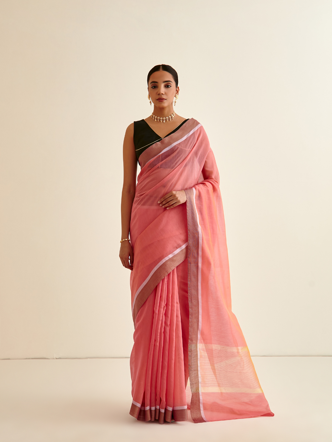 Banarasi Woven sari with contrasting border- Coral Pink