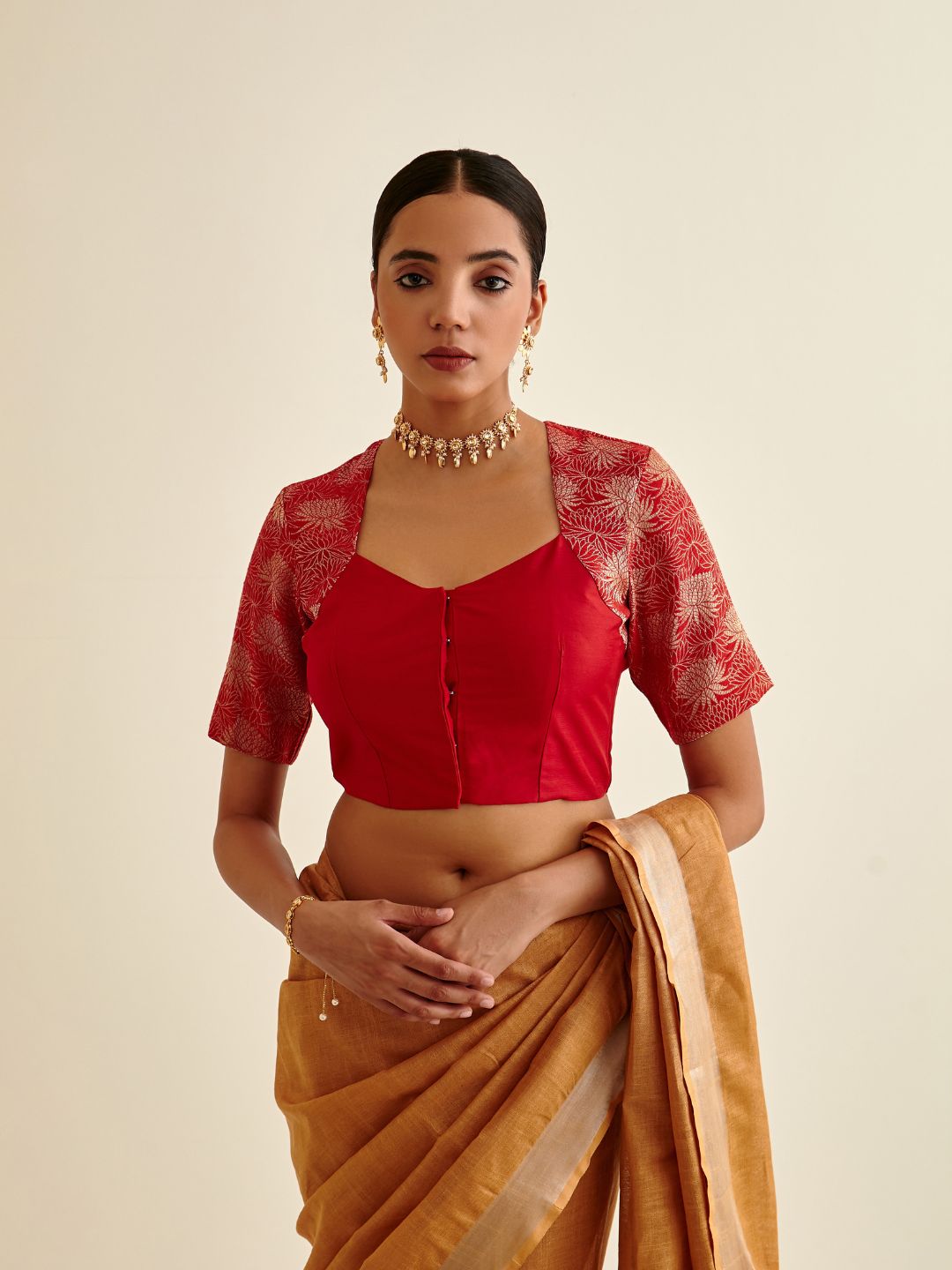 Banarasi zari bouse in Queen Anne neckline-scarlet red