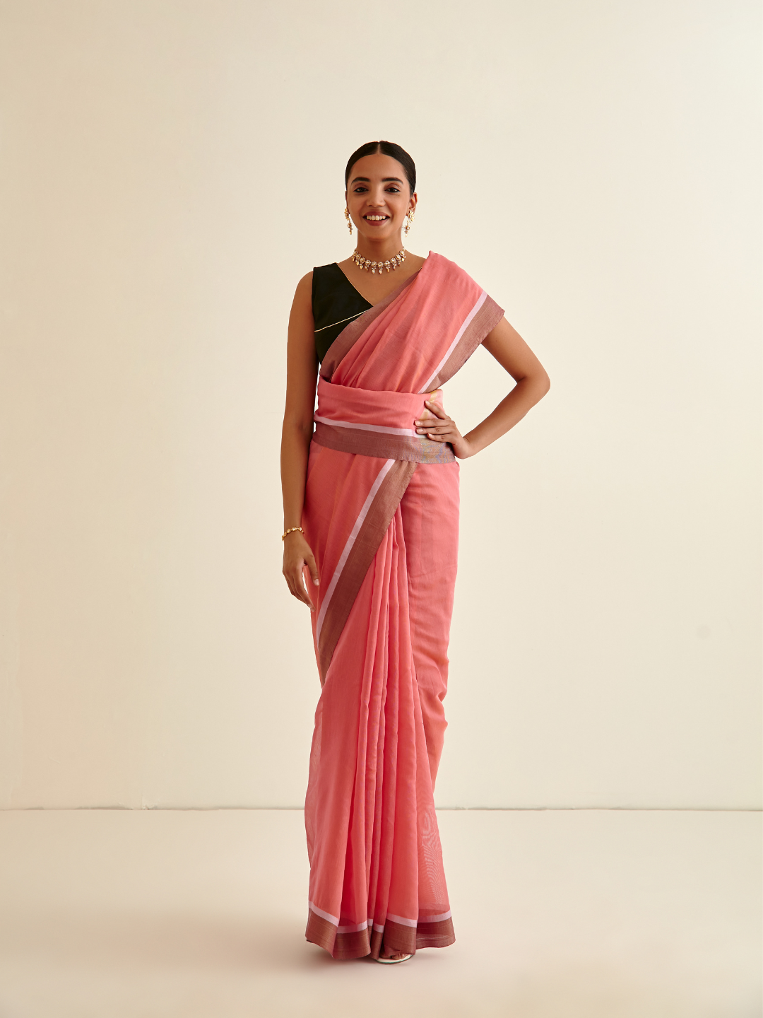 Banarasi Woven sari with contrasting border- Coral Pink