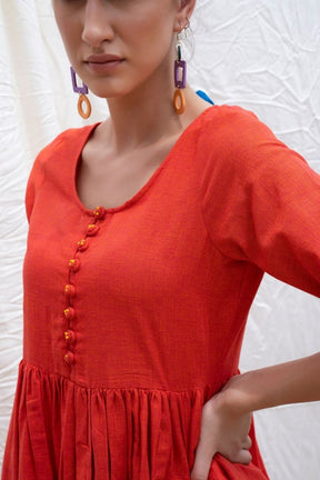 Orange Rust Mangalgiri Button Down Kurta With Pants