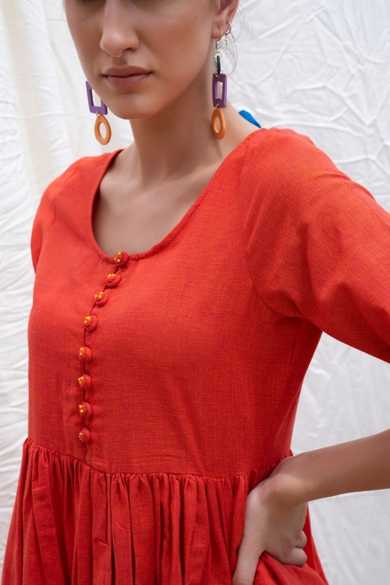 Orange Rust Mangalgiri Button Down Kurta With Pants