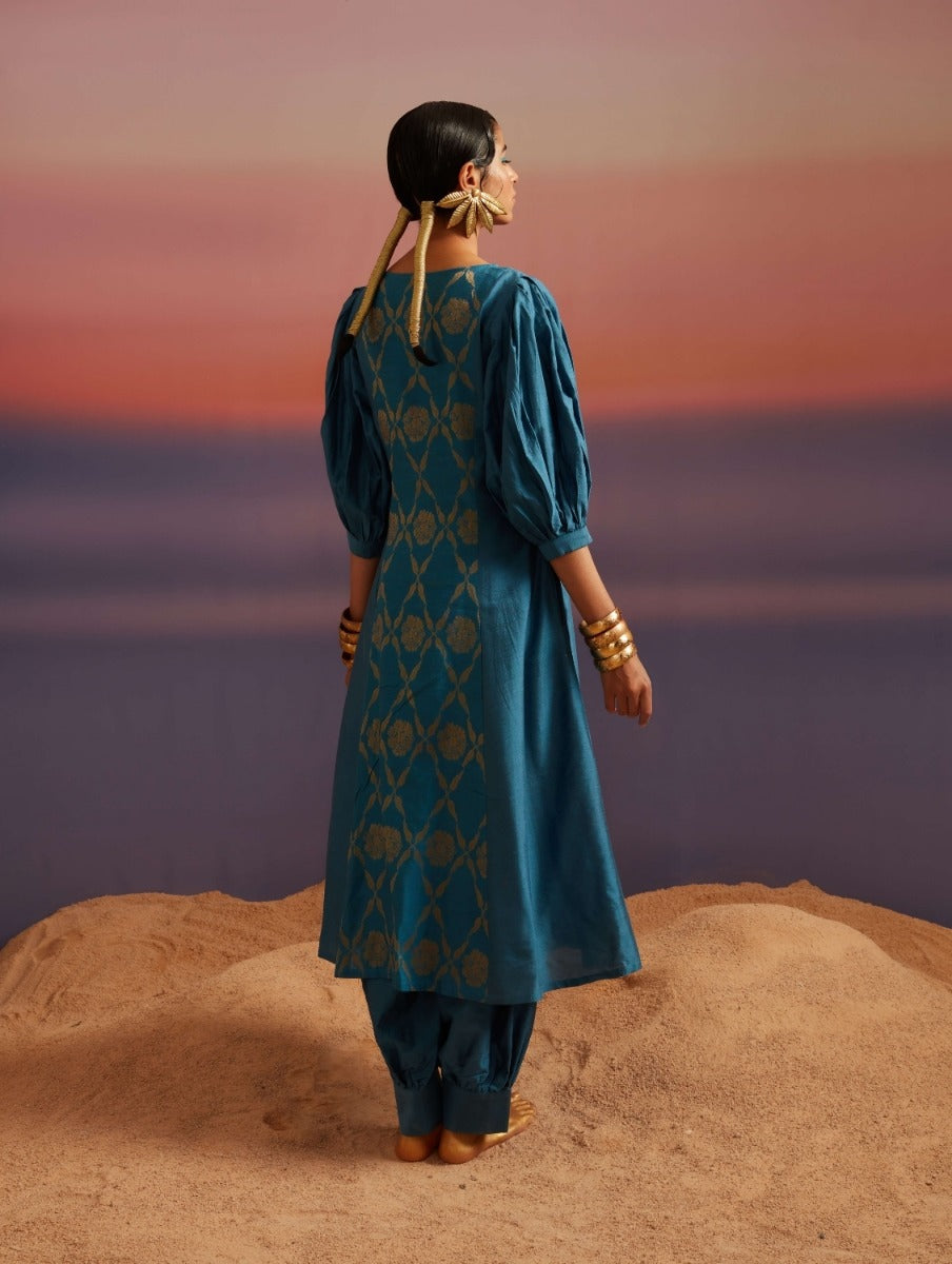 Coral-Blue Boat Neckline Banarasi Kurta