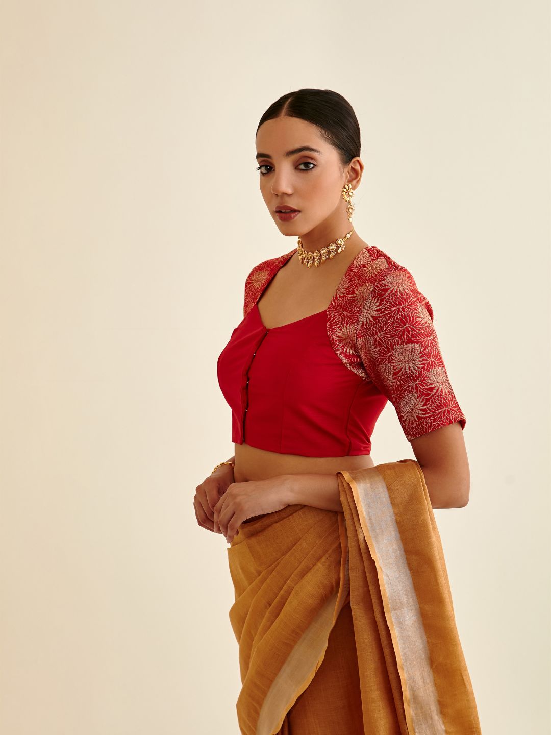 Banarasi zari bouse in Queen Anne neckline-scarlet red