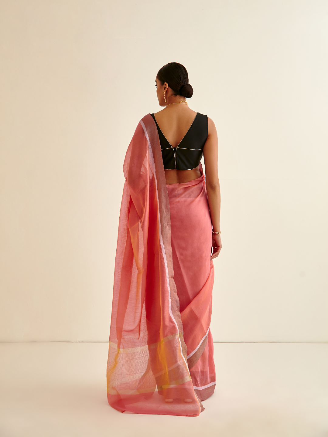 Banarasi Woven sari with contrasting border- Coral Pink