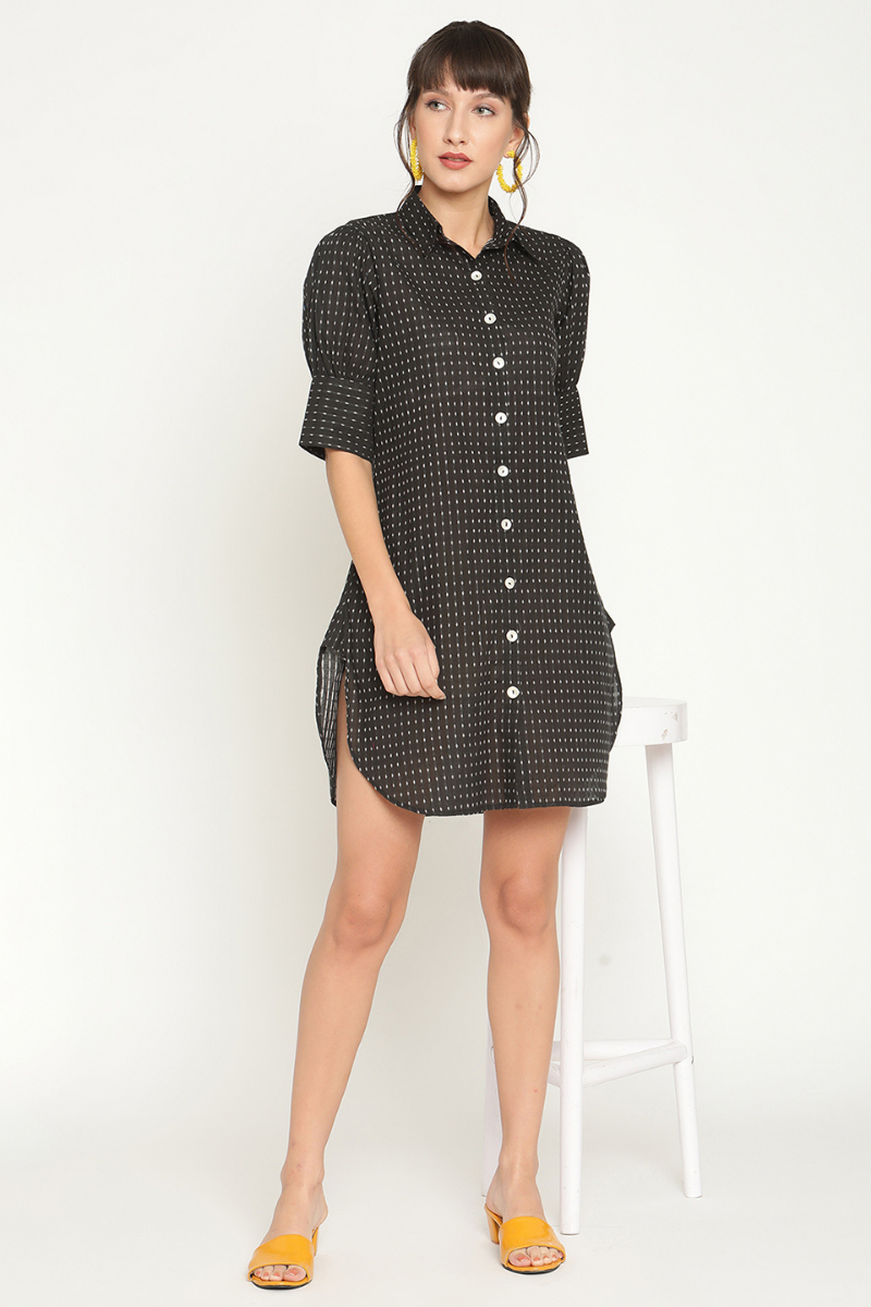 Gathered cuff sleeves mini shirt dress