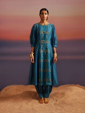 Coral-Blue Boat Neckline Banarasi Kurta