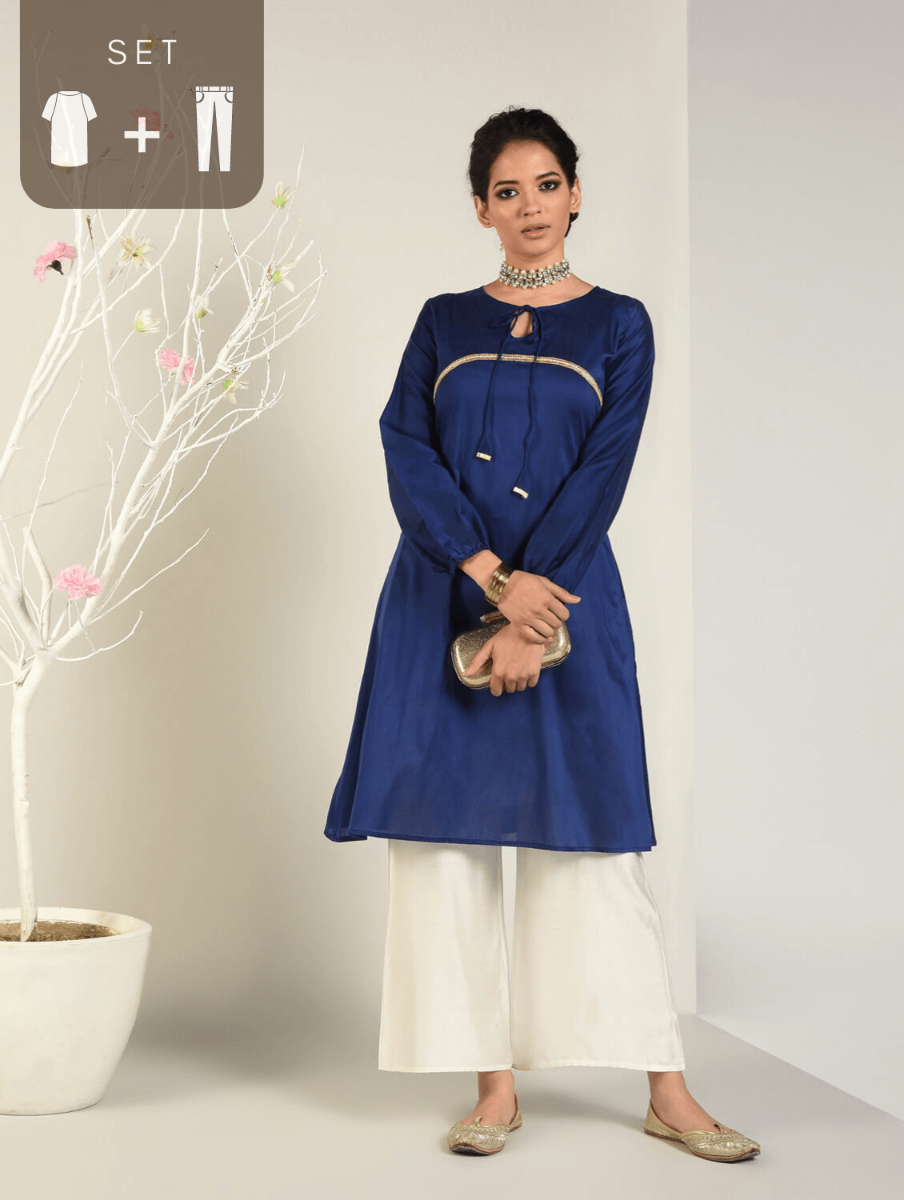 Abhishti Cotton Silk A-line Kurta with Bishop Sleeves Set