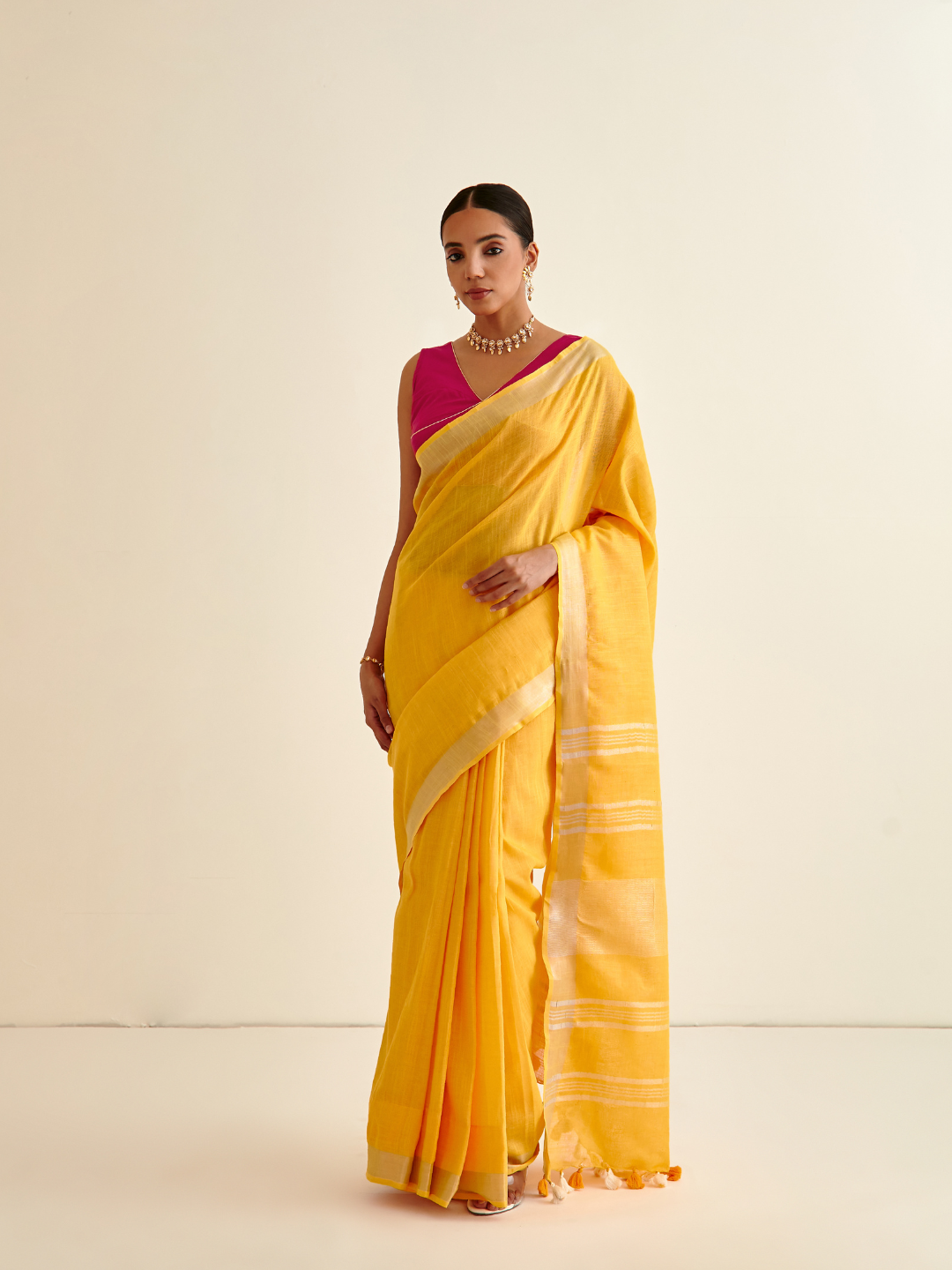 Banarasi woven sari with Silver Highlights-Sunflower yellow