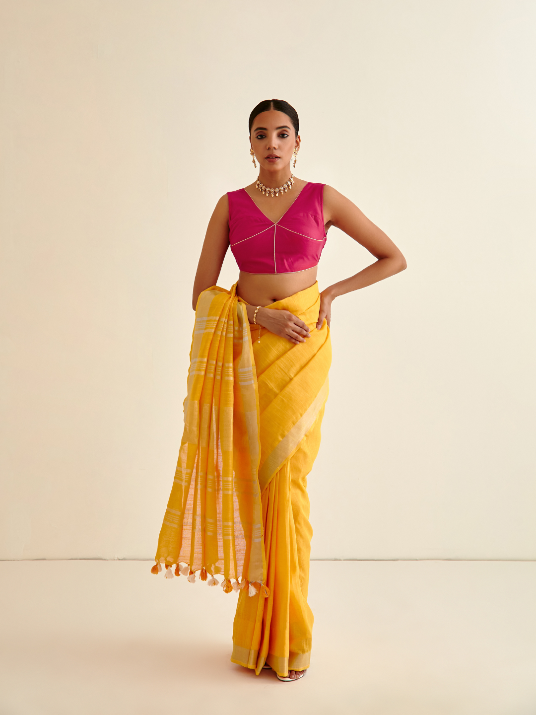 Banarasi woven sari with Silver Highlights-Sunflower yellow