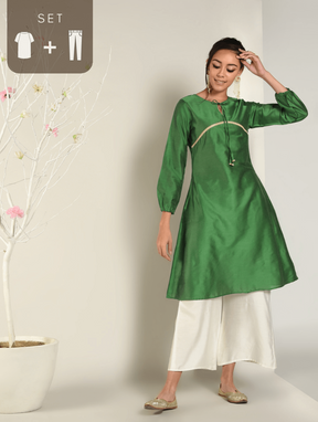 Abhishti Cotton Silk A-line Kurta with Bishop Sleeves Set