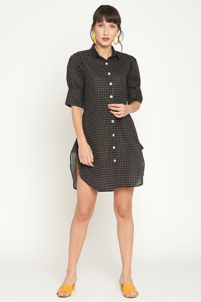 Gathered cuff sleeves mini shirt dress