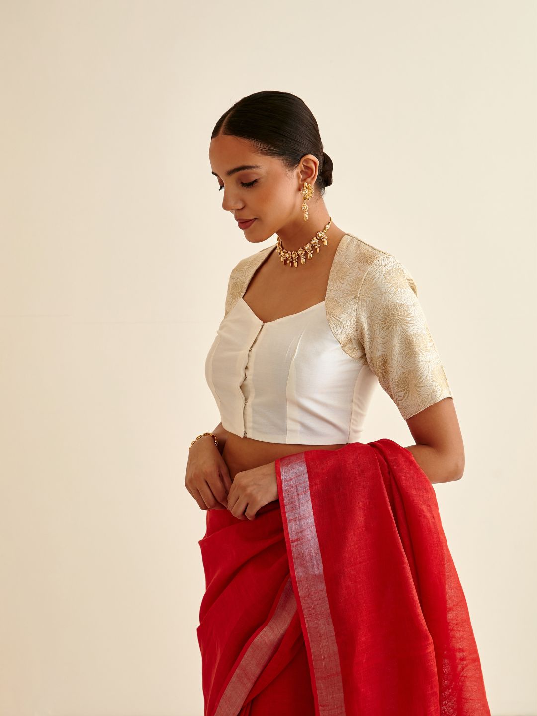 Banarasi zari bouse in Queen Anne neckline-soft white