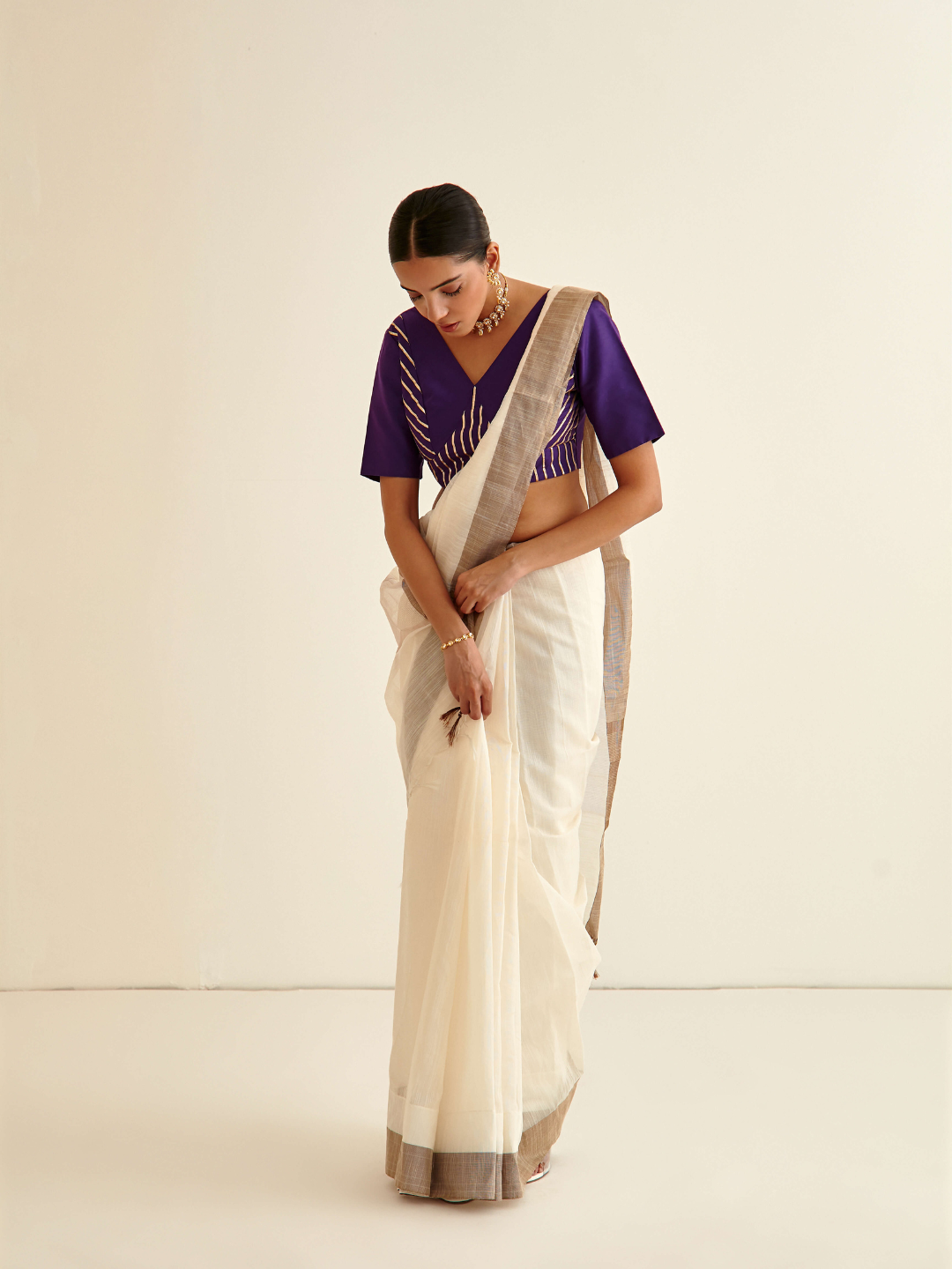 Banarasi woven Sari- Soft white