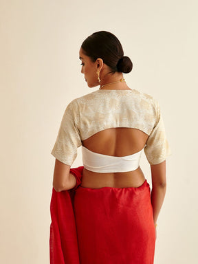 Banarasi zari bouse in Queen Anne neckline-soft white