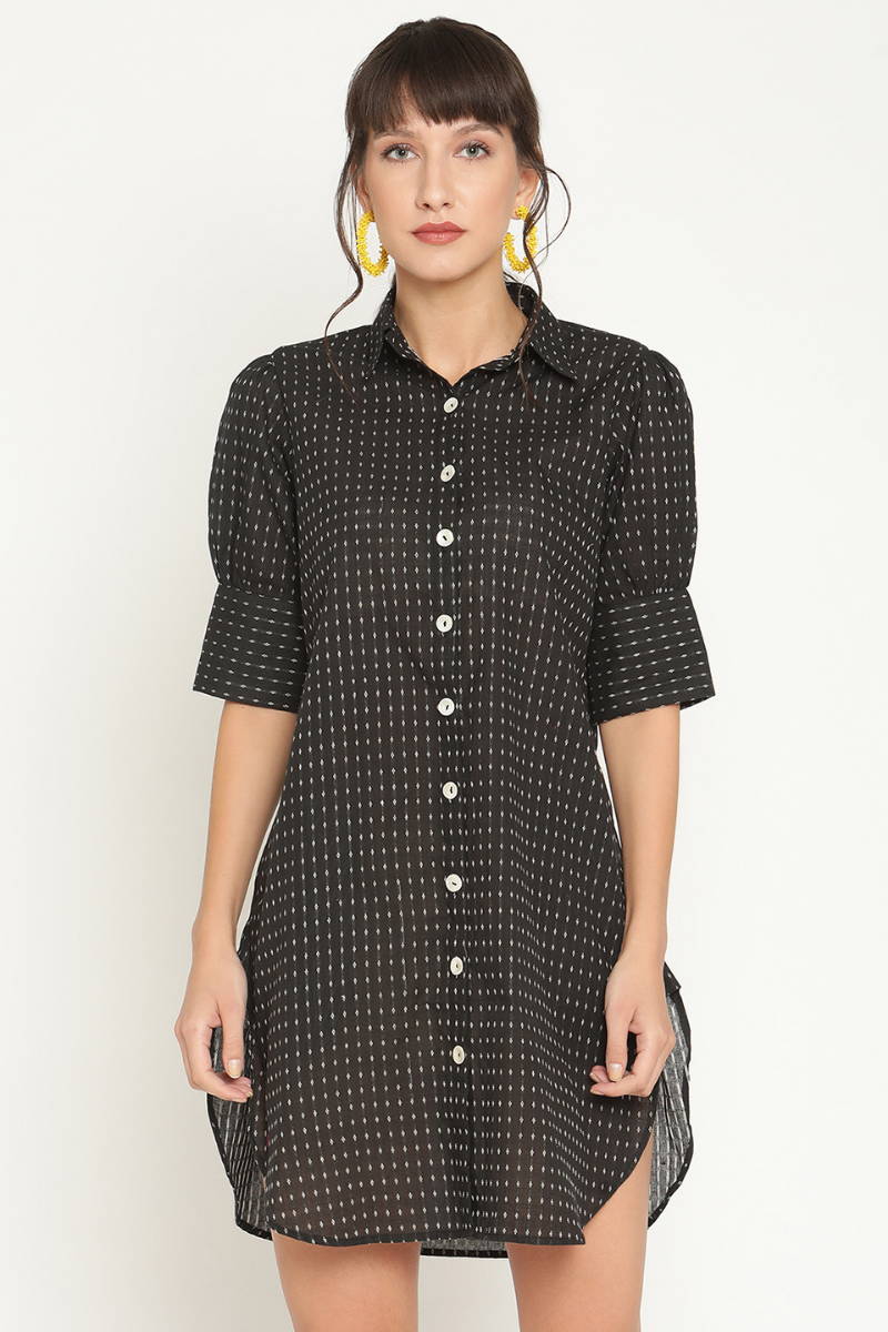 Gathered cuff sleeves mini shirt dress