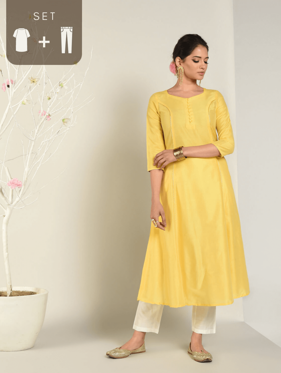 Abhishti Cotton Silk Kalidar Princess cut flared kurta Set