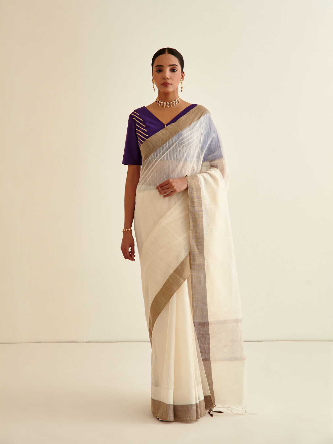Banarasi woven Sari- Soft white