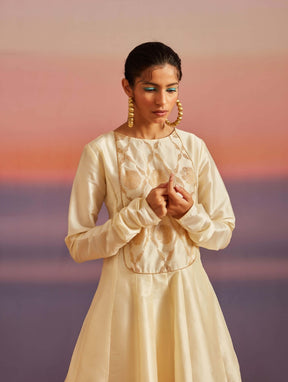 Cloud Cream Panelled Banarasi Kurti With Tulip Dhoti