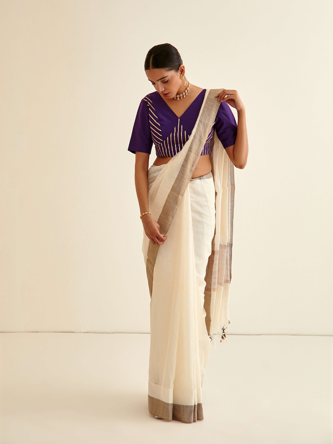 Banarasi woven Sari- Soft white