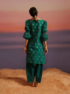 Coral Green Banarasi Kurta With Afghani Salwar
