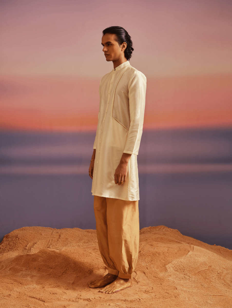 Men Ivory Button Down Banarasi Kurta With Pathani Pants