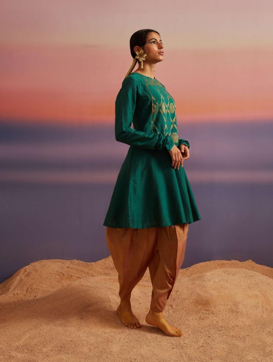 Coral-Green Banarasi Kurti with Churidar Sleeves